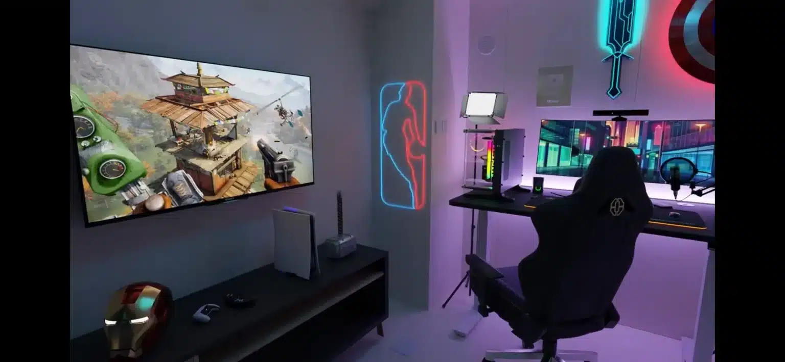 Interior view of Autonomous WorkPod transformed into a gaming setup with RGB lighting, dual monitors, and mounted TV