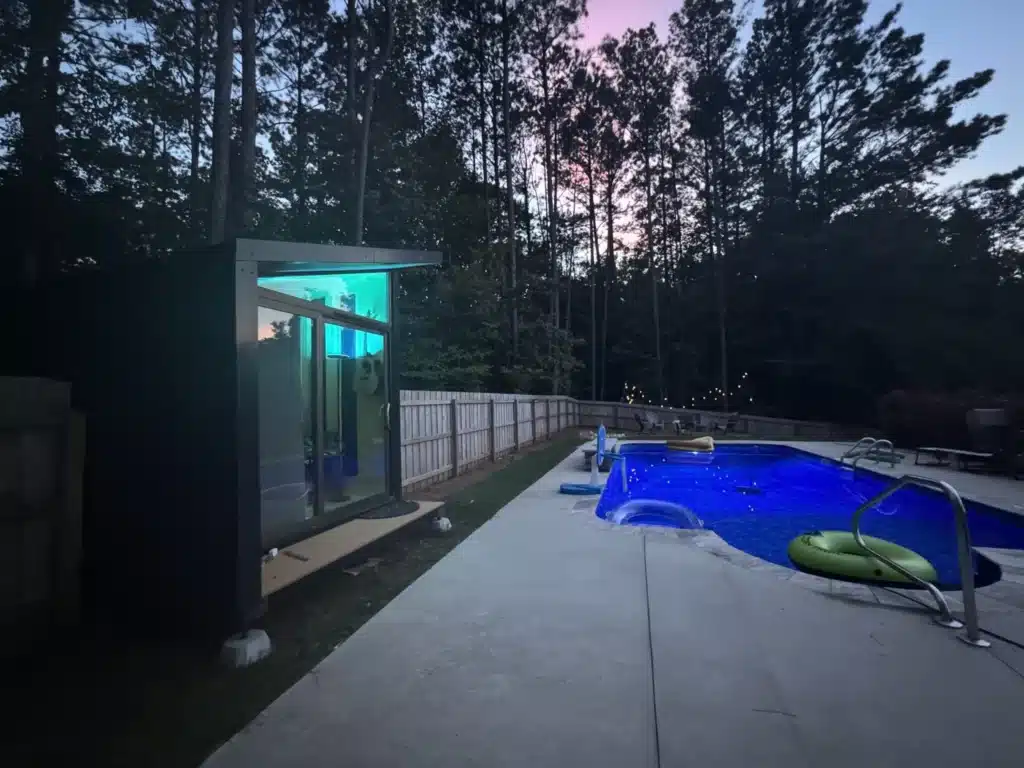 Captured during my Autonomous WorkPod review—this backyard office setup near the pool proves function and style can coexist beautifully.