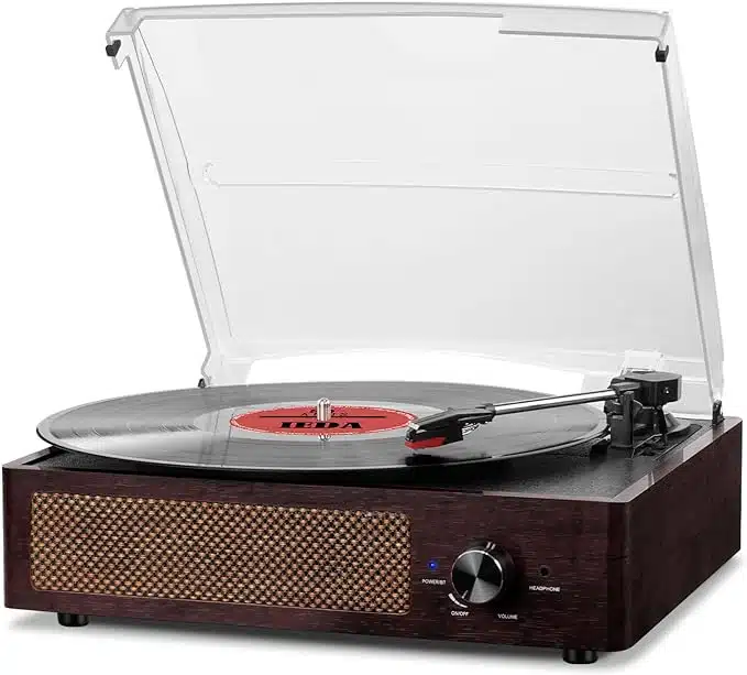 Classic Bluetooth vinyl record player with 3-speed turntable, vintage wooden design, and clear dust cover