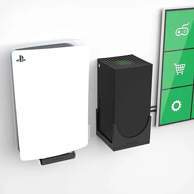 Wall-mounted PS5 and Xbox consoles secured using TotalMount wall bracket beside a TV setup