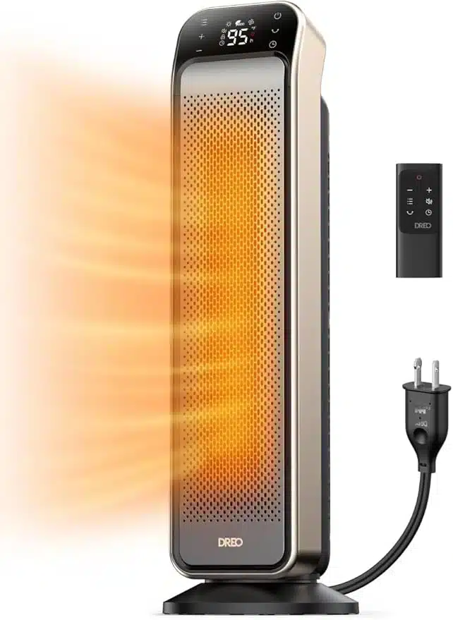 Dreo gold ceramic space heater with remote, plug, and quiet heating for bedrooms and large rooms