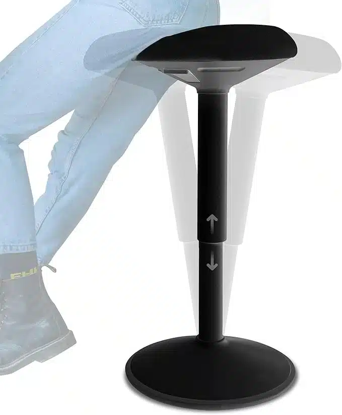 Adjustable ergonomic black standing desk stool with anti-slip base and wobble motion, ideal for WorkPod or home office seating