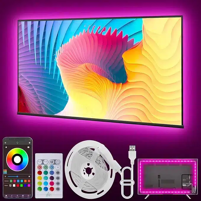 Colorful LED lights behind a TV with remote and app control features for immersive WorkPod or gaming experience