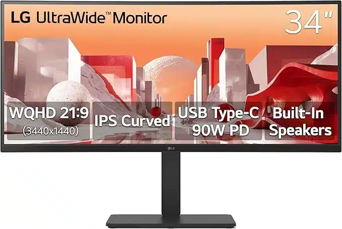 LG UltraWide 34-inch curved monitor with 3440x1440 QHD resolution, USB Type-C 90W power delivery, and built-in MaxxAudio speakers