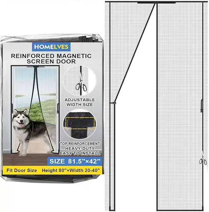 Heavy-duty magnetic screen door mesh with reinforced top and bottom closures, pet and child friendly, for insect protection