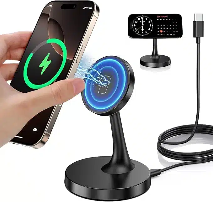 15W magnetic wireless charger stand for iPhone with MagSafe support, strong magnet alignment, and USB-C cable