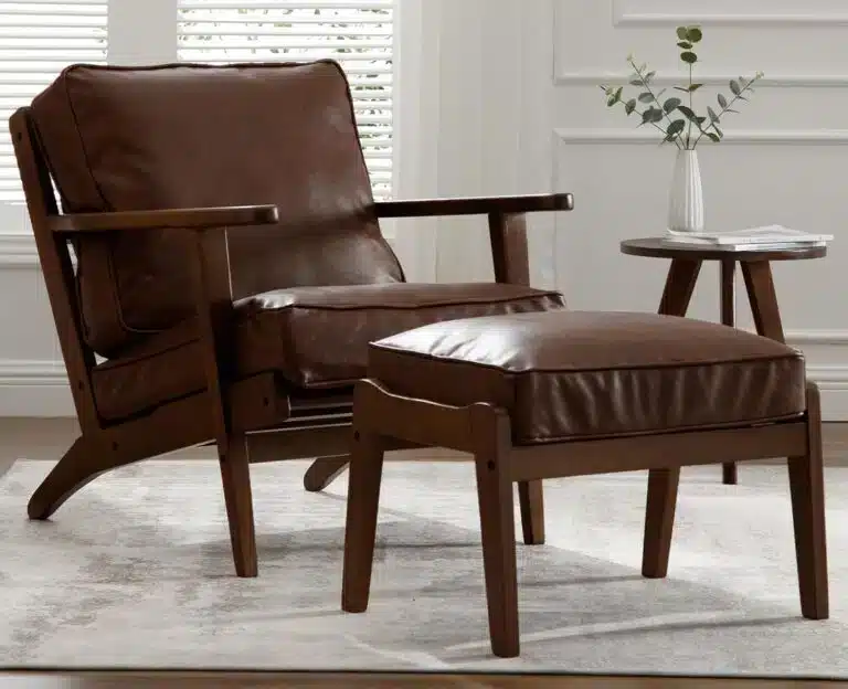 Mid-century brown leather accent chair with ottoman in a cozy WorkPod corner, ideal for reading or relaxation