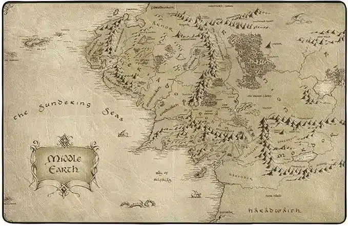 Soft fantasy-style area rug featuring a detailed map of Middle Earth, perfect for WorkPod or home office décor