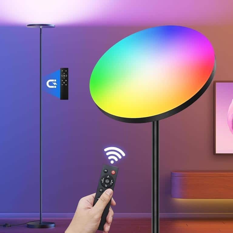 Bright RGB torchiere floor lamp with remote control in modern workpod setup