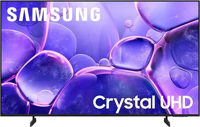 Samsung Crystal UHD U8000F 70-inch 4K Smart TV with vibrant purple screen and ultra-slim design