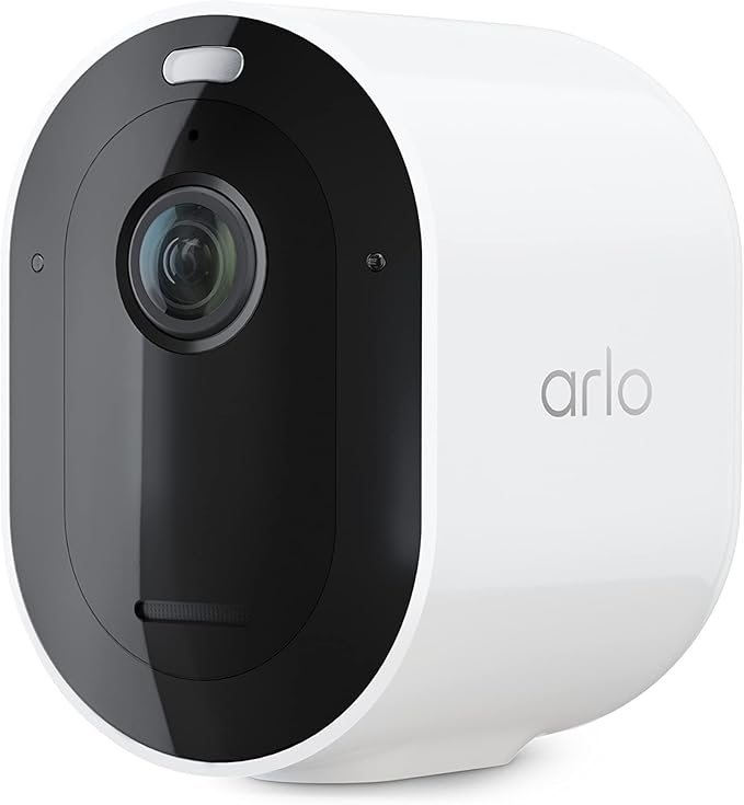 Close-up of Arlo Pro 5S outdoor wireless security camera in white with 2K HDR and color night vision features