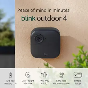 Blink Outdoor 4 wireless smart security camera mounted on a wall with features like two-way audio, night vision, and motion detection