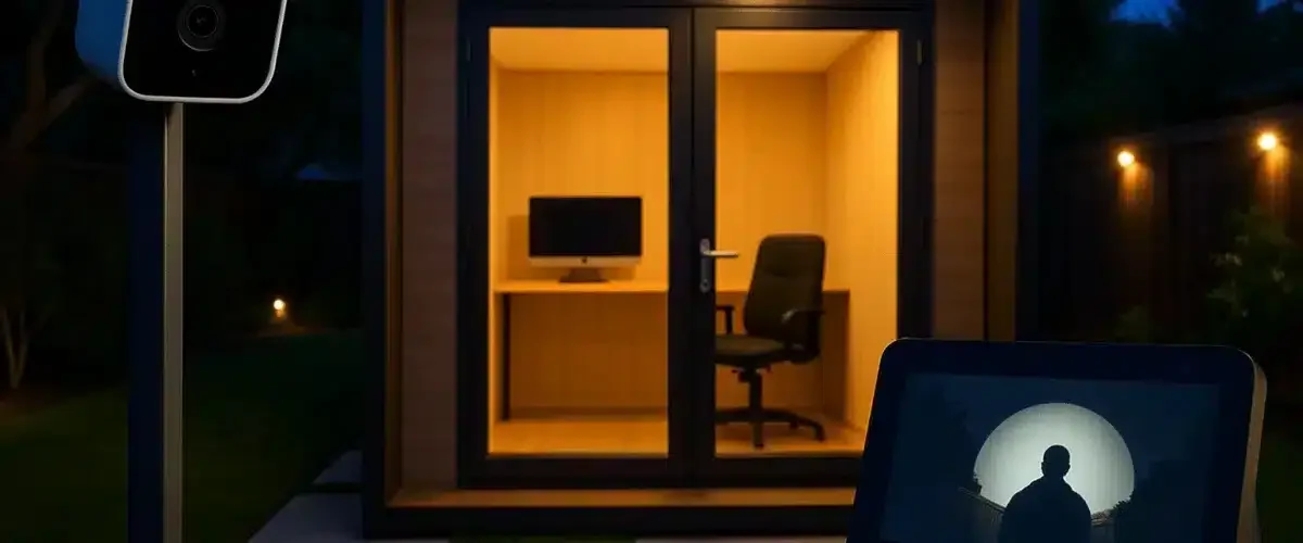 Night view of a secured backyard office pod with interior lighting, smart camera, and tech devices for security
